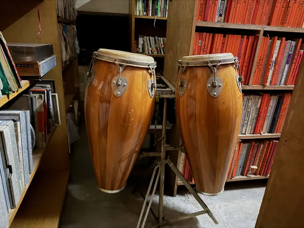 A pair of congas standing among the tape racks.