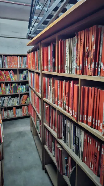 Rows of red-spined reel boxes, filed by number.