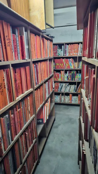 Shelves run floor to ceiling on both sides of the vault.